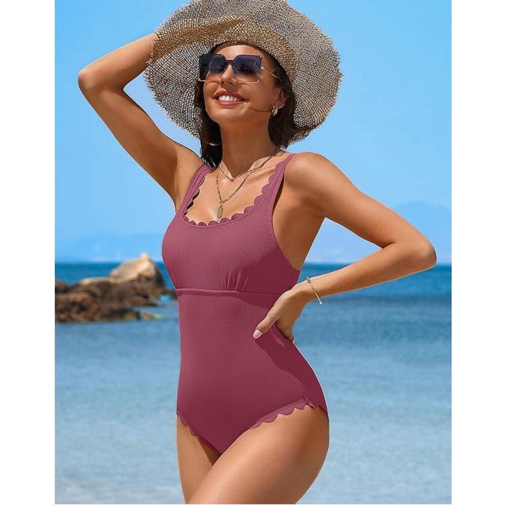 Scalloped Ribbed One Piece Swimsuit Square Neck Modest Bathing Suit Size Large